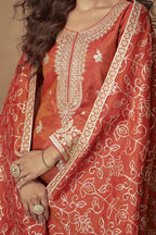 Orange Simmer Silk Kameez With Palazzo Suit For Indian & Pakistani Wedding Festival - Thread & Sequence Embroidery - hem and footwear detail