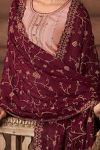 Pink Chinon Silk Kameez with Pant For Indian Suit Festivals & Pakistani Weddings - Embroidery Work - hem and footwear detail