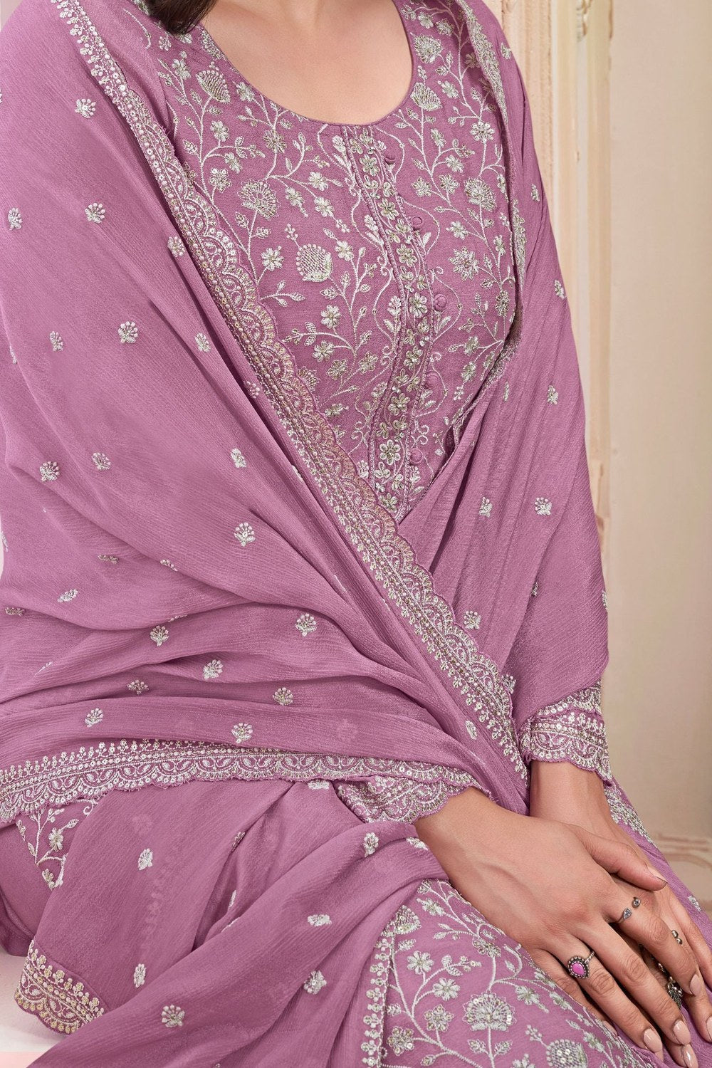 Rose Gold Chinon Silk Long Kameez Suit with Pant and Dupatta For Indian Suit Festivals & Pakistani Weddings - Embroidery Work - hem and footwear detail