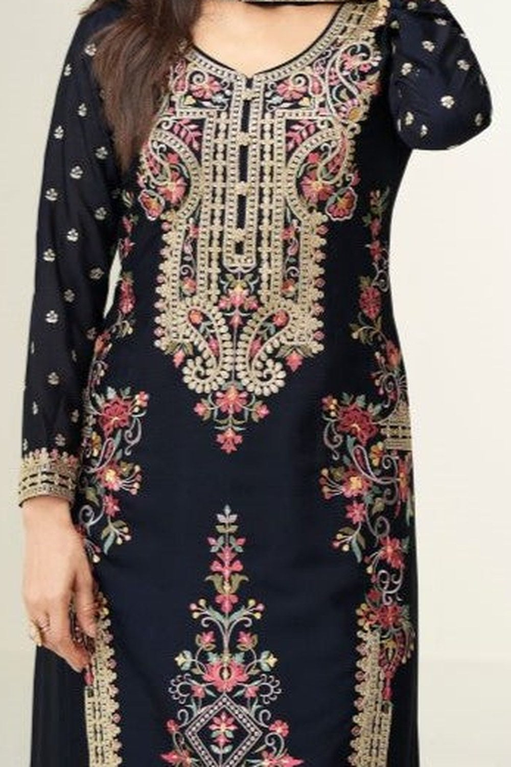 Black Designer Embroidered Palazzo Suits for Wedding in Chinon Silk - hem and footwear detail