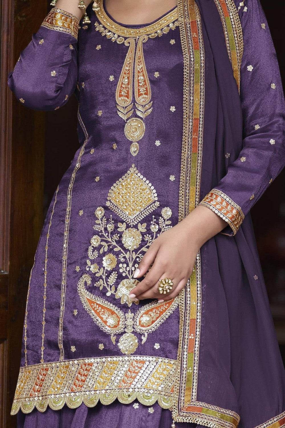 Purple Simmer Silk Kameez with Skirt Suit For Indian & Pakistani Wedding Festival - Thread & Sequins Embroidery Work - hem and footwear detail
