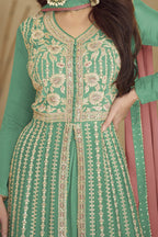 Mint Green Palazo for Sangeet in Chinon Silk with Thread & Dori Work - hem and footwear detail