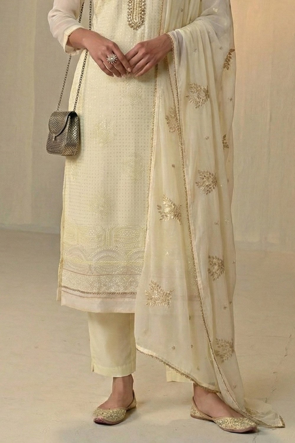Light Yellow Georgette Kameez With Pant For Indian & Pakistani Wedding Festival - Sequins & Thread Embroidery Work, Khatli Work - hem and footwear detail