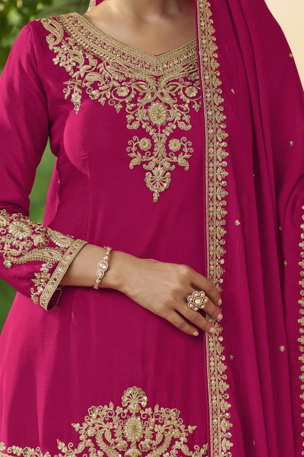 Pink Chinon Silk Plazo Suit For Indian & Pakistani Wedding Festival - Dori Work, Sequence Embroidery Work - hem and footwear detail