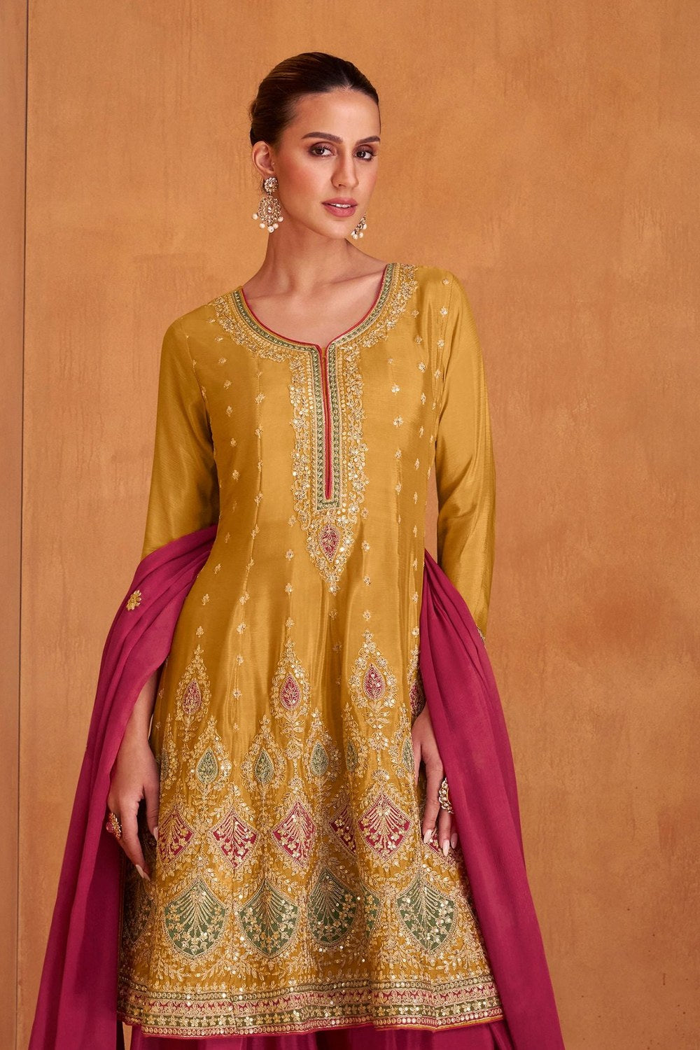 Mustard Yellow Chinon Silk Plazo Suit For Indian Festivals & Weddings - Embroidery Work - close-up view