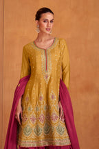 Mustard Yellow Chinon Silk Plazo Suit For Indian Festivals & Weddings - Embroidery Work - close-up view