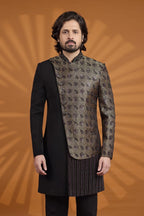 Black Indian Wedding Outfit for Male with Embroidery Work & Jacquard Silk - close-up view