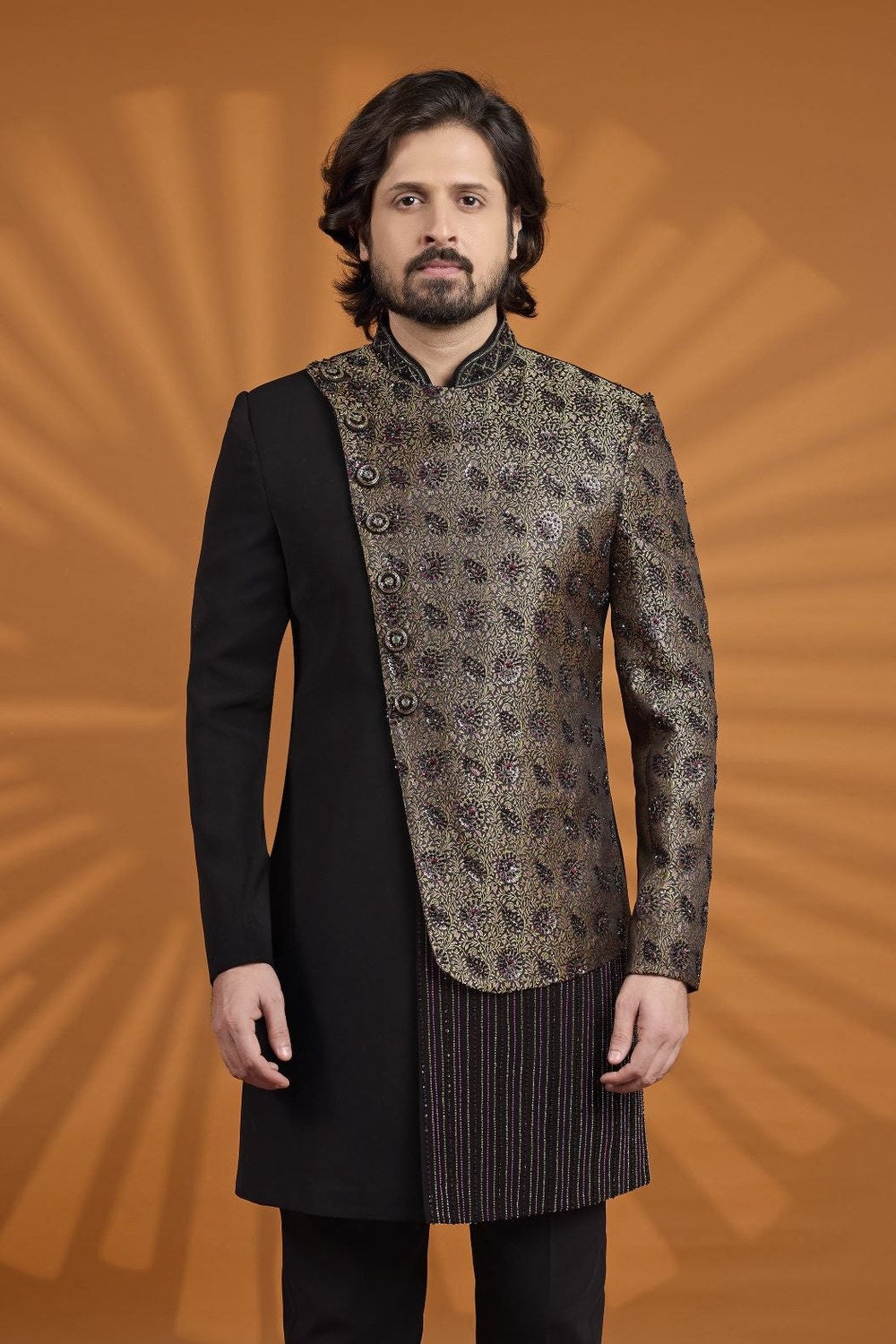 Black Indian Wedding Outfit for Male with Embroidery Work & Jacquard Silk - close-up view
