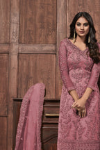 Light Pink Net Kameez With Pant For Ladies Wedding & Festival - Embroidery Work 1400 - close-up view