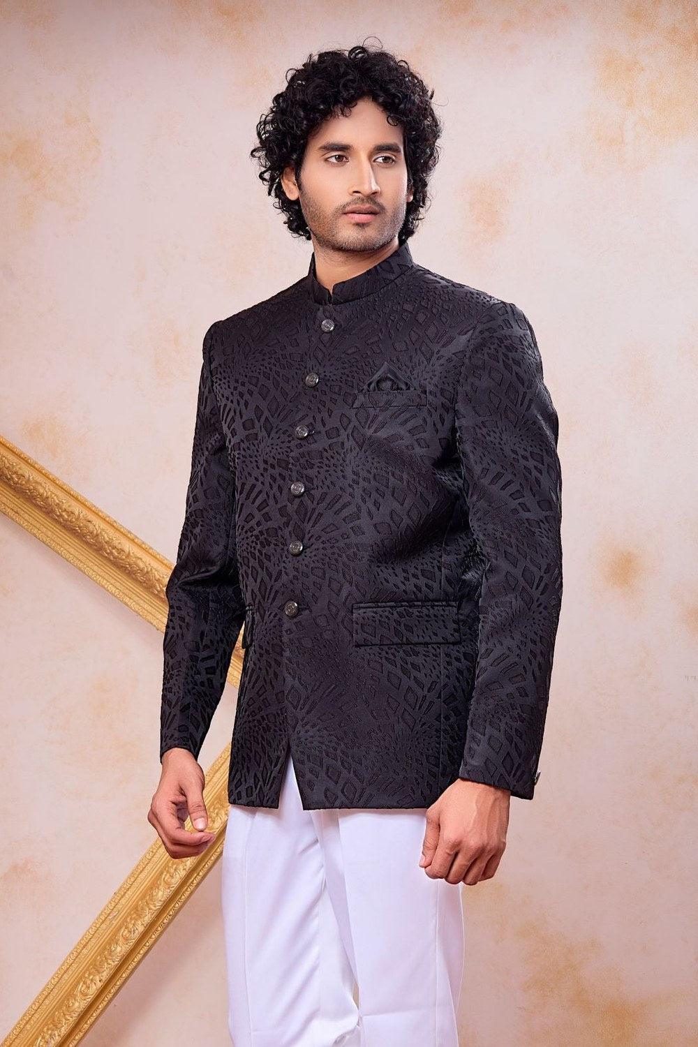 Black Art Silk Weave Work Jodhpuri For Men & Pant - close-up view