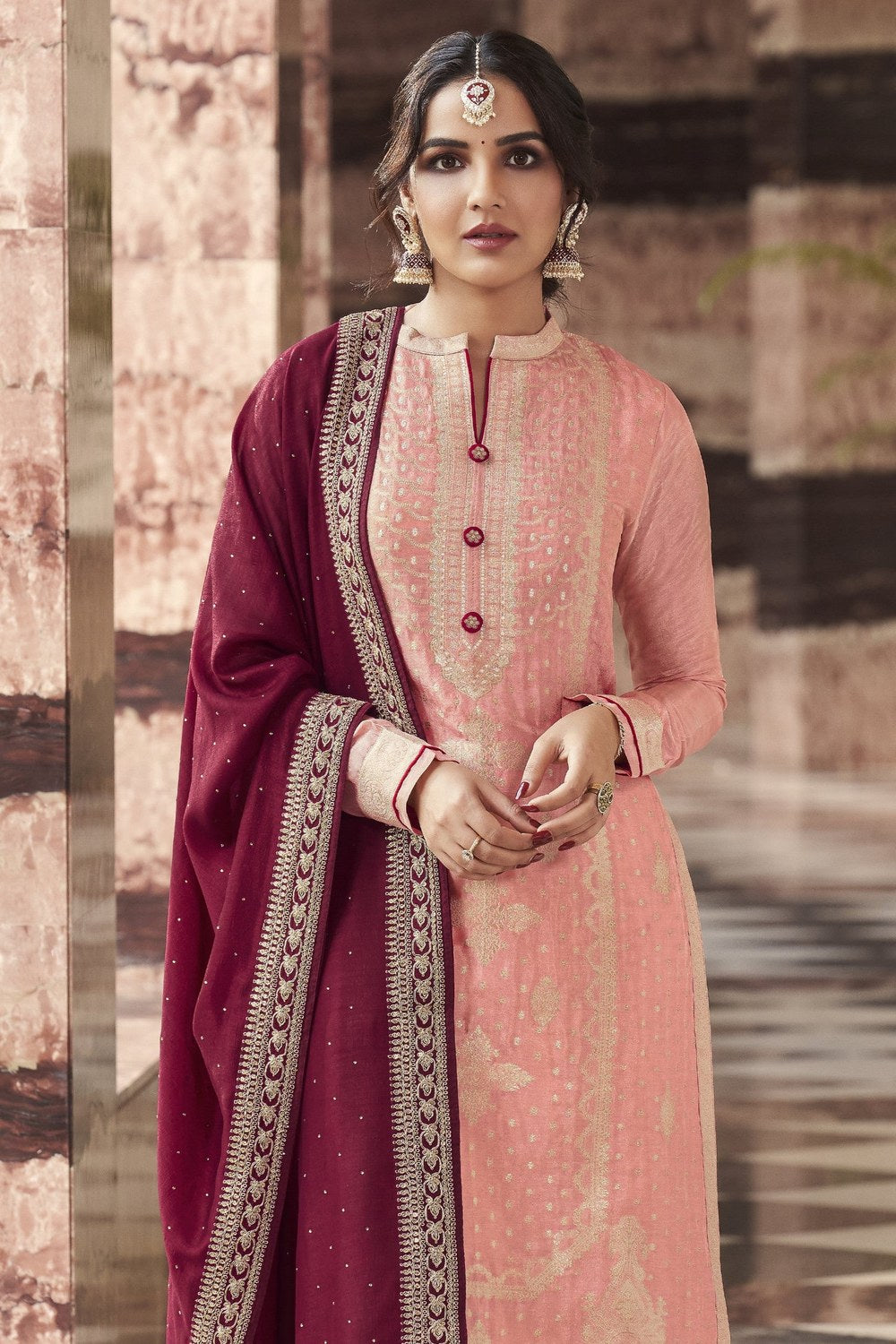 Peach Jacquard Silk Kameez With Pant For Indian Suit Festivals & Pakistani Weddings Dress - Embroidery Work - close-up view