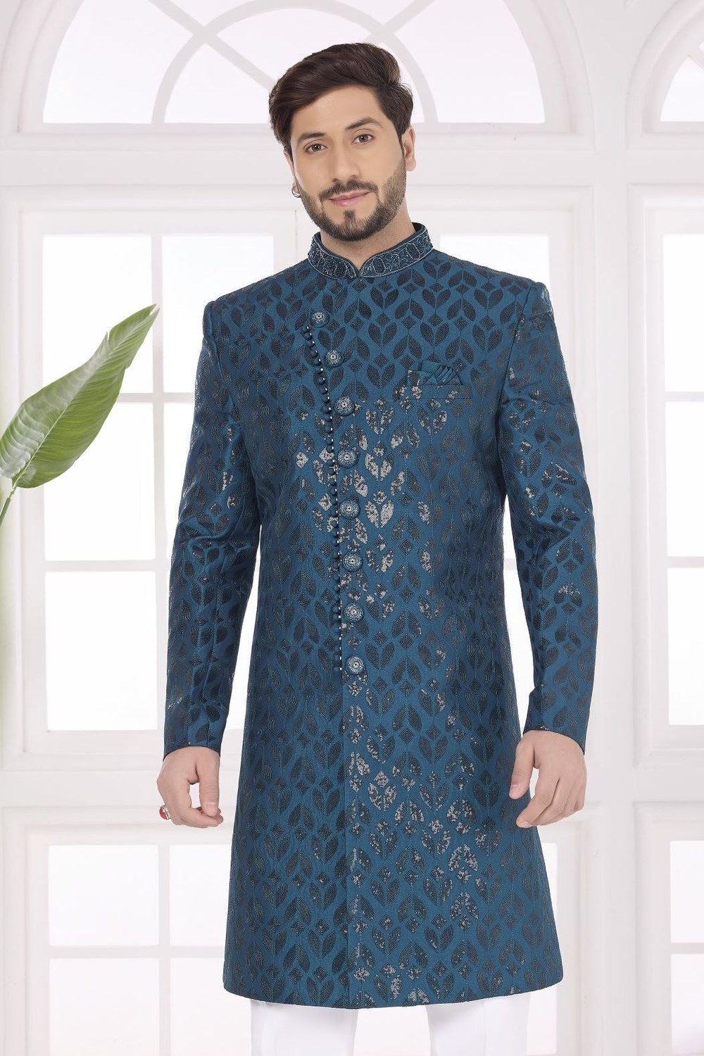 Dark Teal Art Silk Sherwani Style Kurta Set for Men & Pajama - close-up view