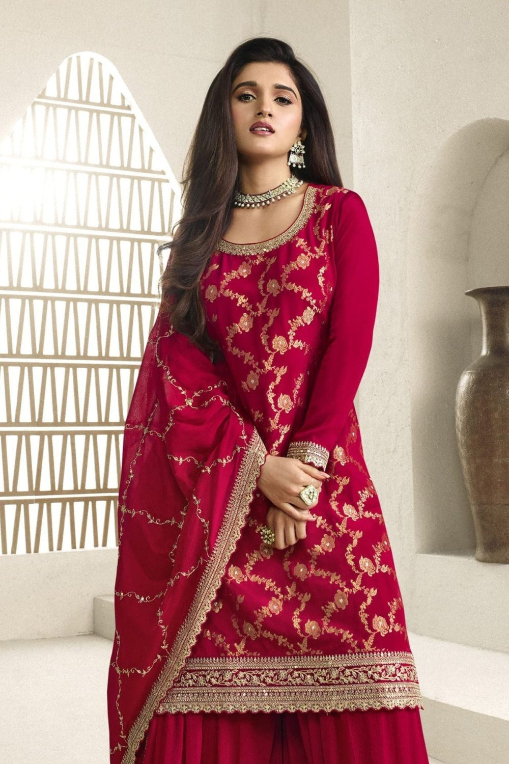Red Jacquard Silk Palazzo Suit For Indian Festivals & Pakistani Plazo Weddings Dress - Embroidery Work - close-up view