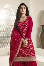 Red Jacquard Silk Palazzo Suit For Indian Festivals & Pakistani Plazo Weddings Dress - Embroidery Work - close-up view