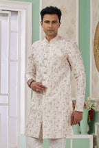 Light Cream Jacquard Silk Men's Indo Western Clothing with Embroidery Work - close-up view