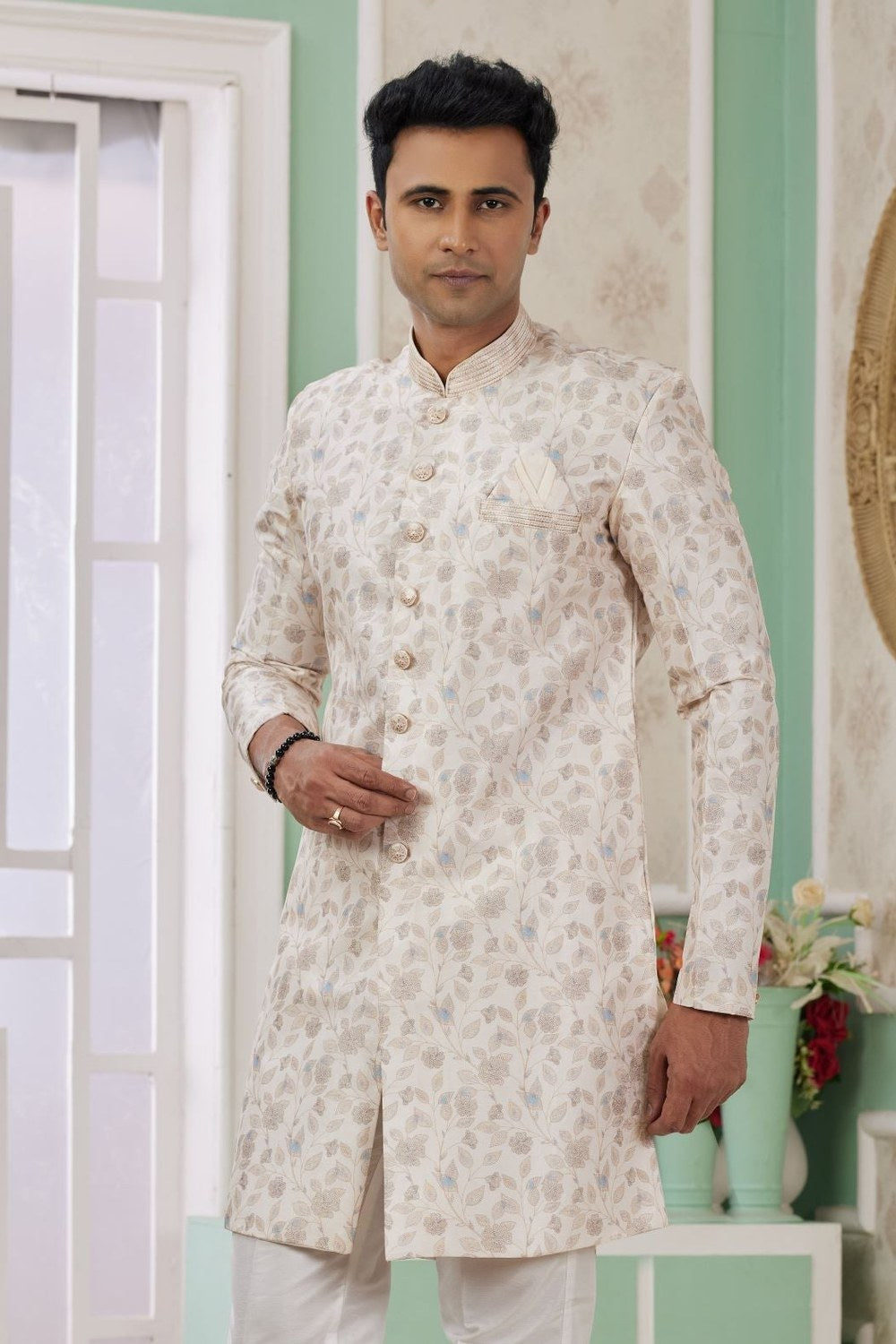 Light Cream Jacquard Silk Men's Indo Western Clothing with Embroidery Work - close-up view