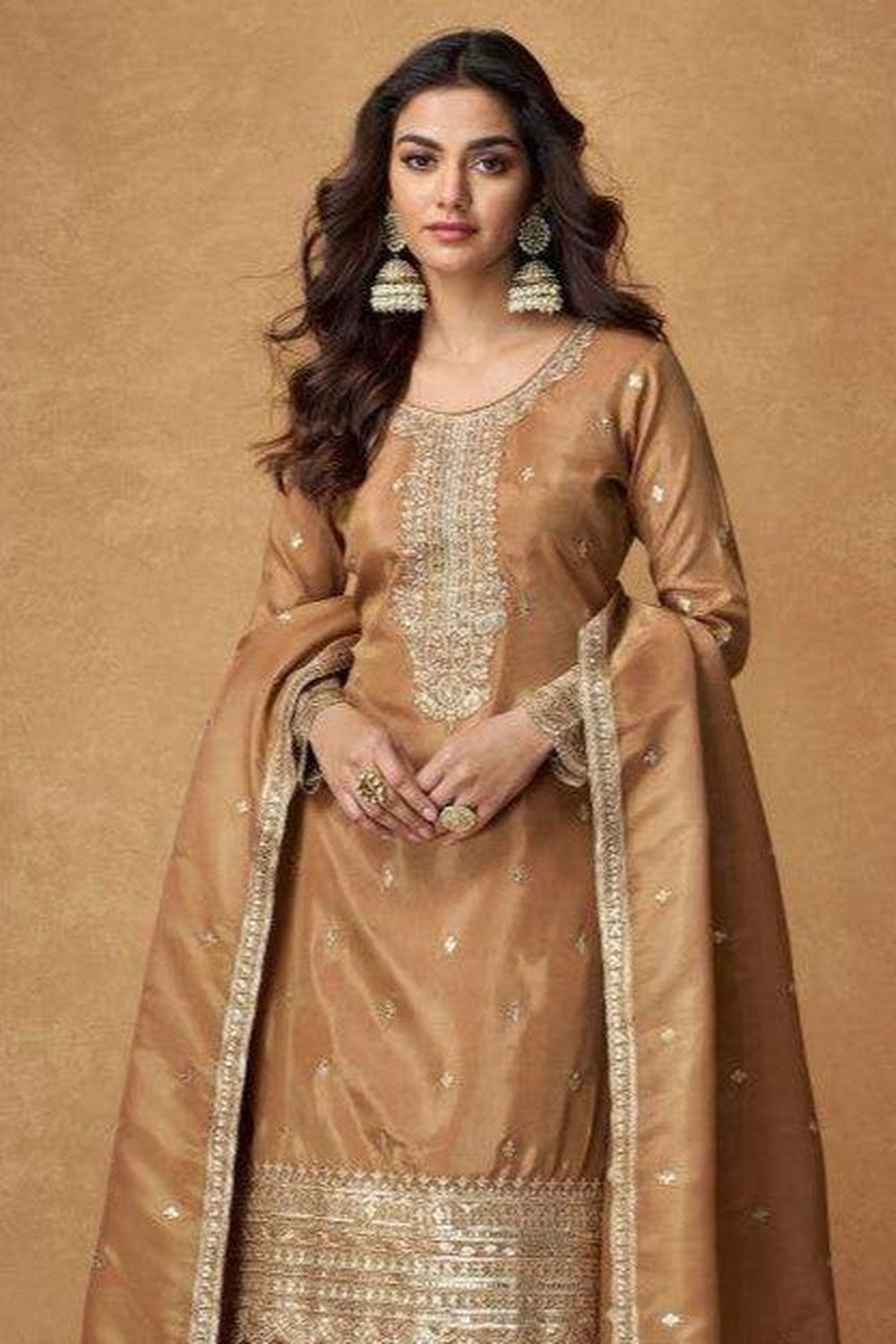Bronze Organza Simar Silk Palazzo Suit for Guest Attire For Indian Wedding - Embroidery Work - close-up view