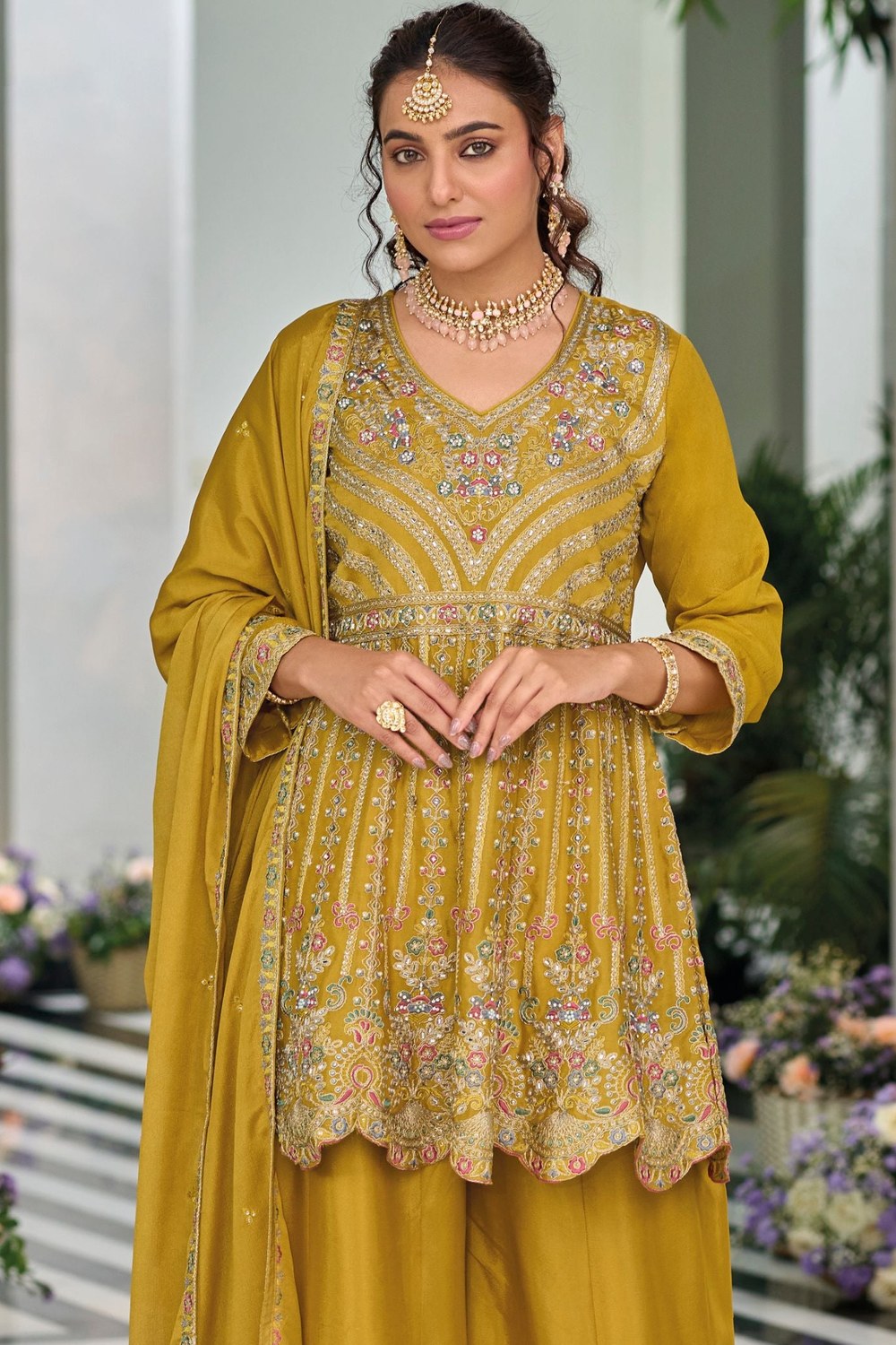 Dark Yellow Chinon Silk Kameez with Plazzo For Indian Suit Festivals & Pakistani Weddings - Embroidery Work - close-up view