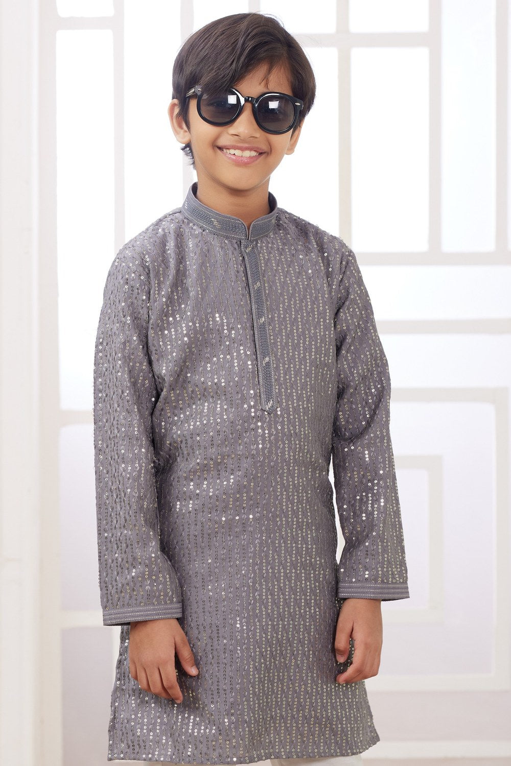 Gray Art Silk 2 Piece Kids Wear Boys Suit Long Kurta Pajama for Kids for Festivals & Wedding - Embroidery Work - close-up view