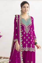 Pink Chinon Silk Plazo Suit For Indian & Pakistani Wedding Festival - Real Mirror Work, Dori Work, Sequins Embroidery Work - close-up view