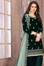 Dark Green Velvet Punjabi Patiyala Suit  For Indian Festivals & Weddings - Embroidery Work - close-up view