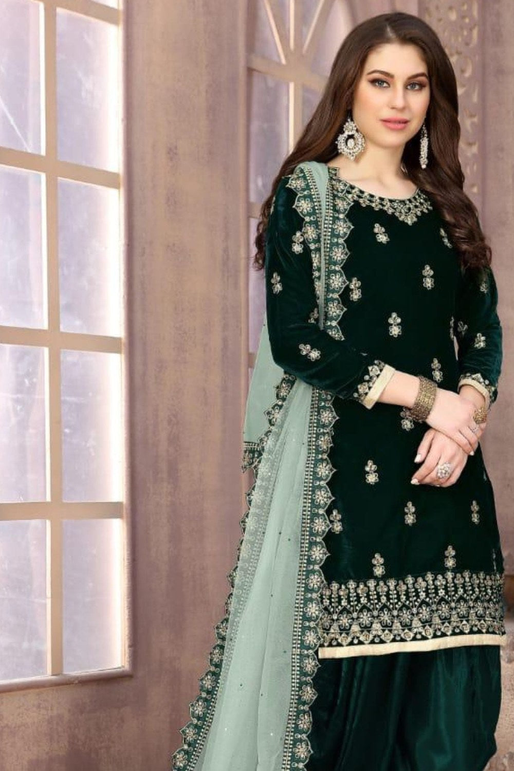 Dark Green Velvet Punjabi Patiyala Suit  For Indian Festivals & Weddings - Embroidery Work - close-up view
