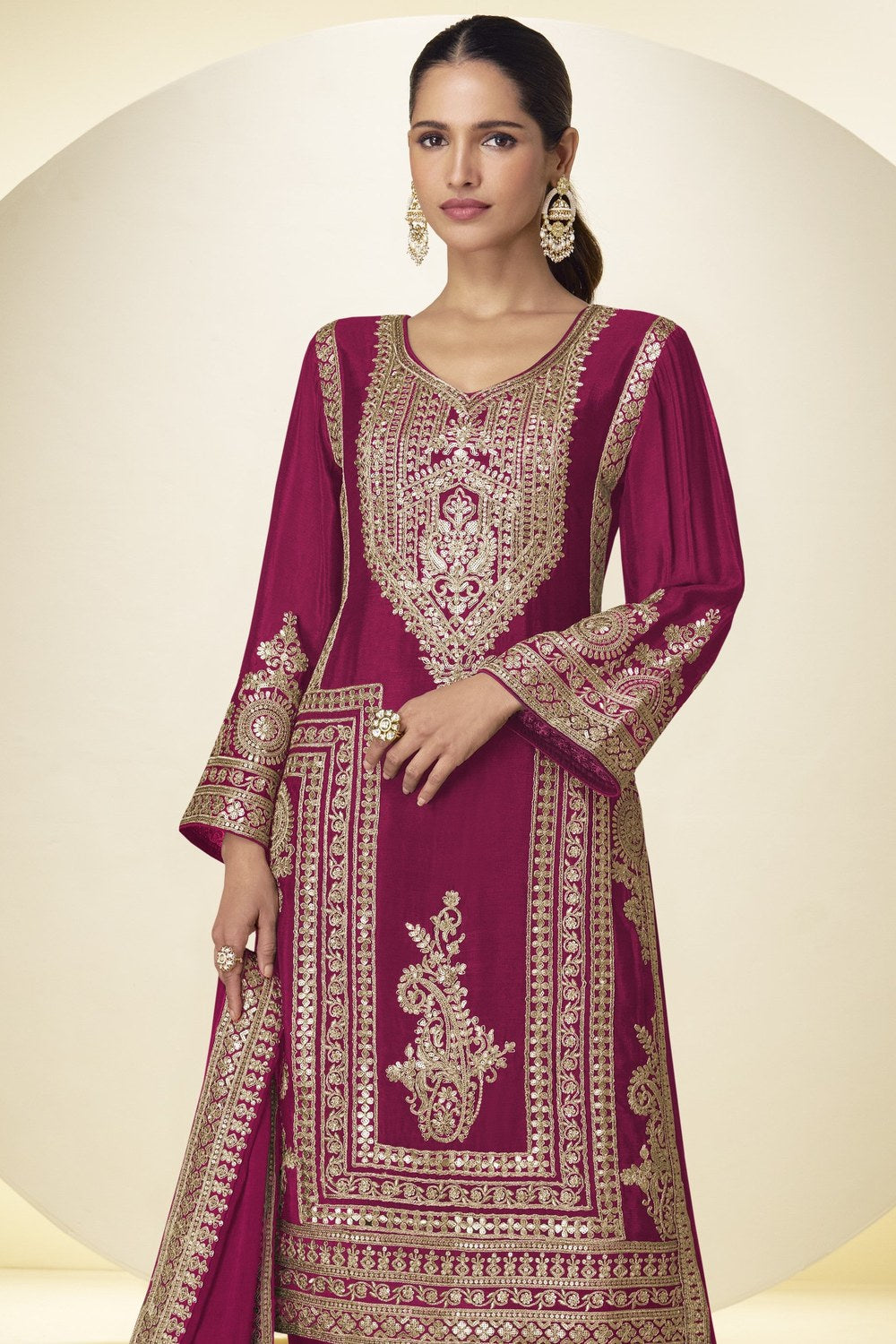 Dark Pink Wedding Outfits: Chinon Silk Kameez & Sequin Pant - close-up view