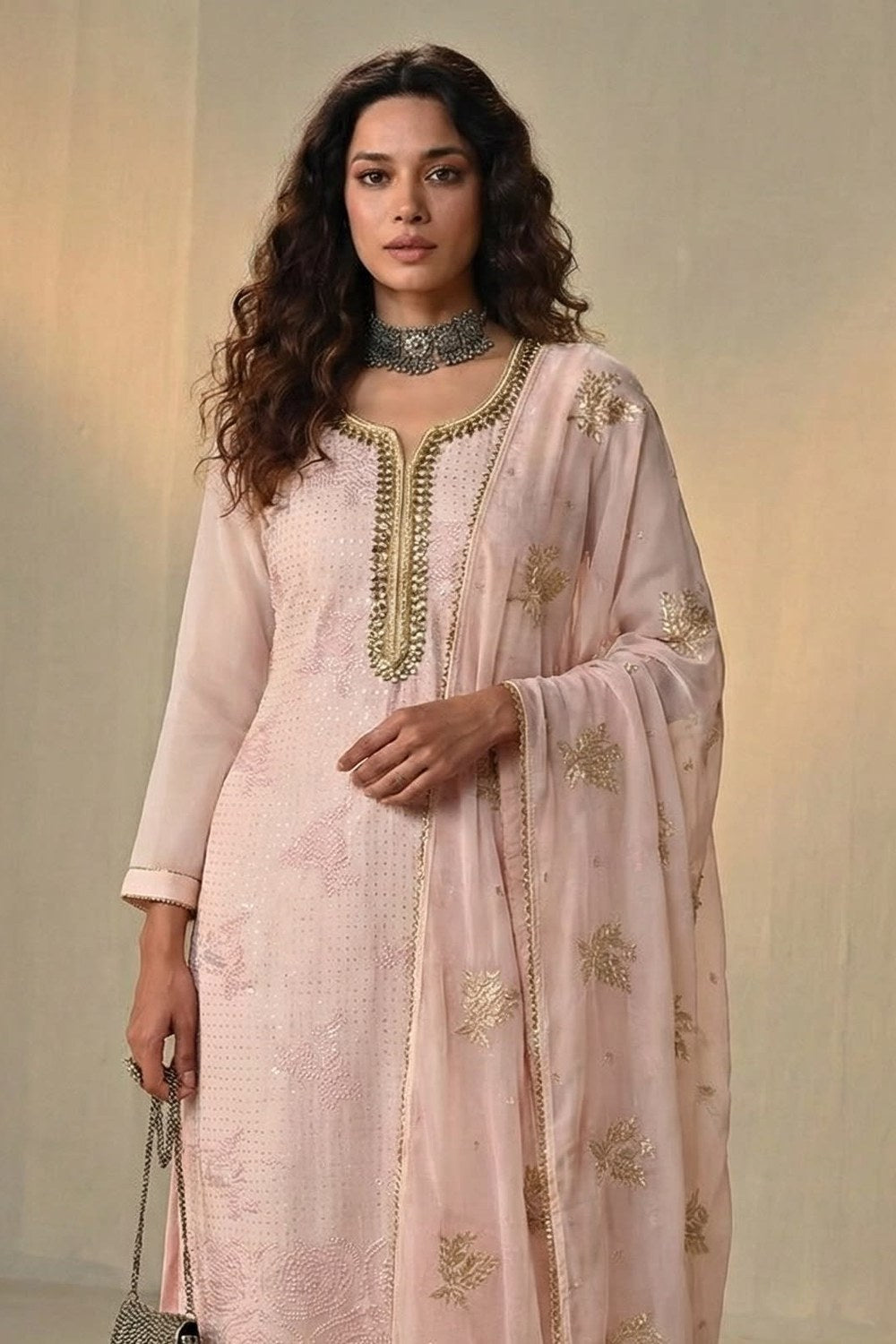 Baby Pink Georgette Kameez With Pant For Indian & Pakistani Wedding Festival - Sequins & Thread Embroidery Work, Khatli Work - close-up view