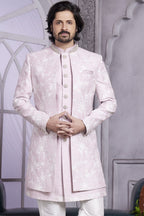 Pastel Pink Art Silk Indo Western Traditional Sherwani Kurta with Jacket & Pant for Men for Wedding - Embroidery Work - close-up view