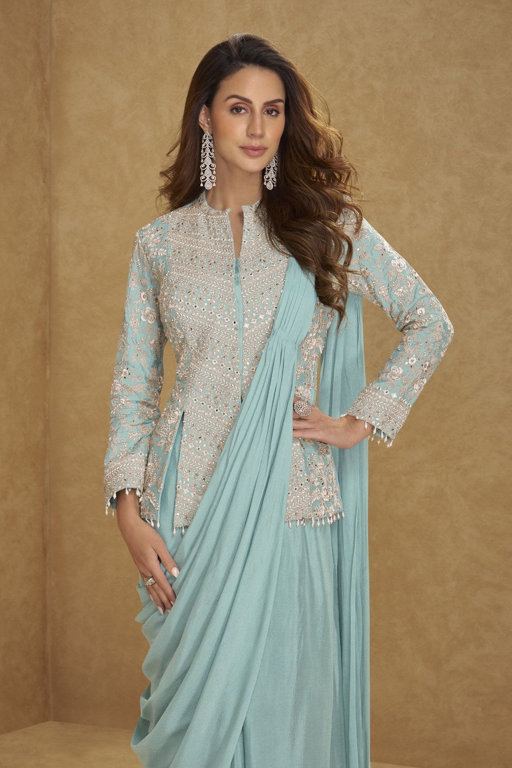 Cyan Blue Chinon Silk Jacket with Draped Saree - Thread & Sequins Work - close-up view