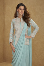 Cyan Blue Chinon Silk Jacket with Draped Saree - Thread & Sequins Work - close-up view