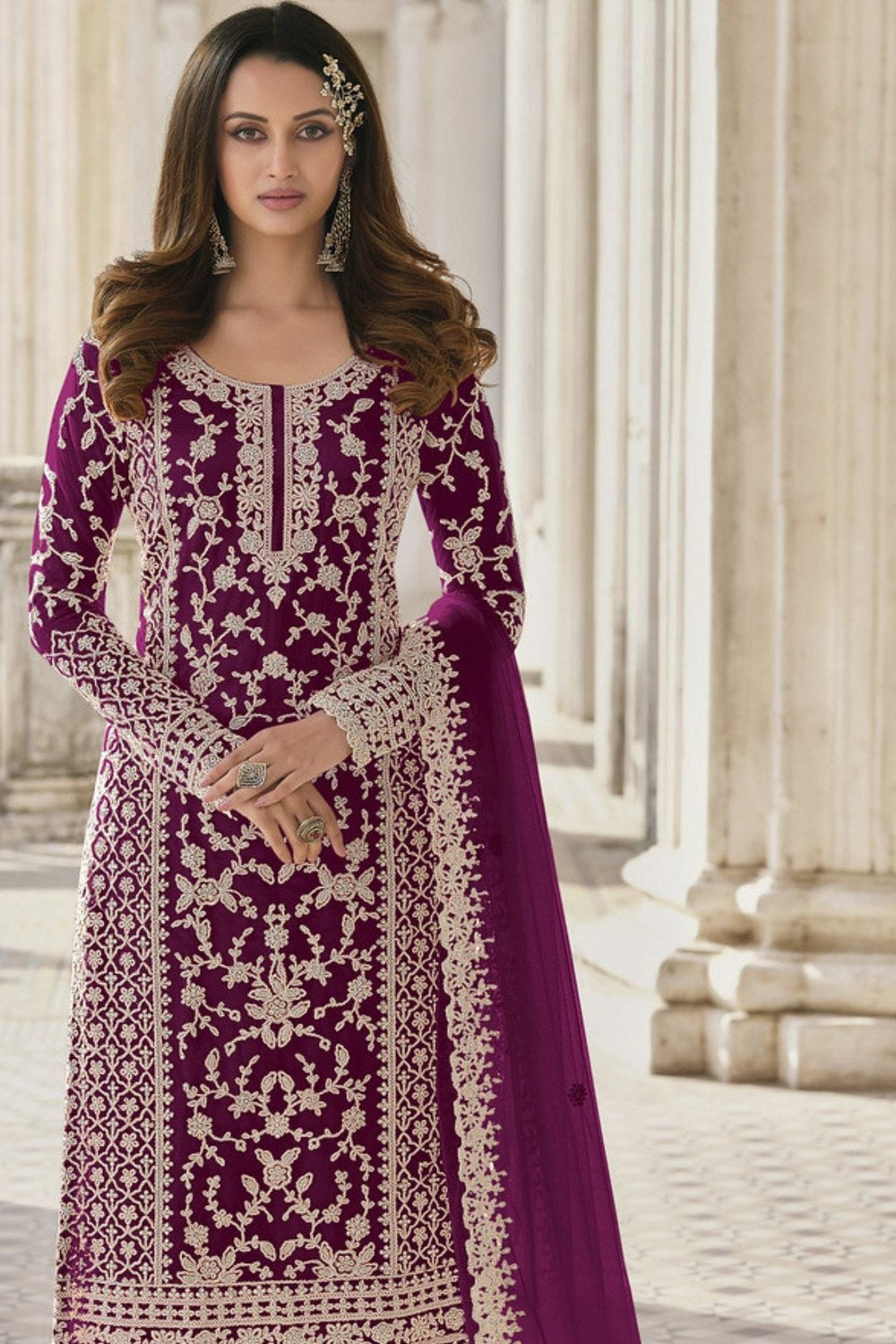 Maroon Net Kameez Plazzo Suit For Indian Wedding & Pakistani Festival Dress - Embroidery Work - close-up view