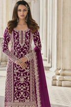 Maroon Net Kameez Plazzo Suit For Indian Wedding & Pakistani Festival Dress - Embroidery Work - close-up view