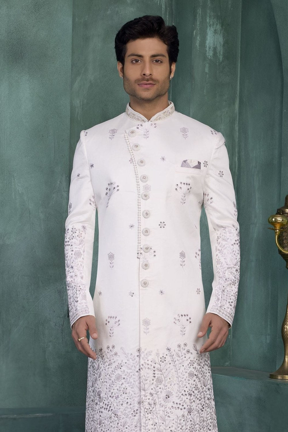 White Mens Kurta for Wedding & Pajama - Art Silk Thread Work Sherwani - close-up view