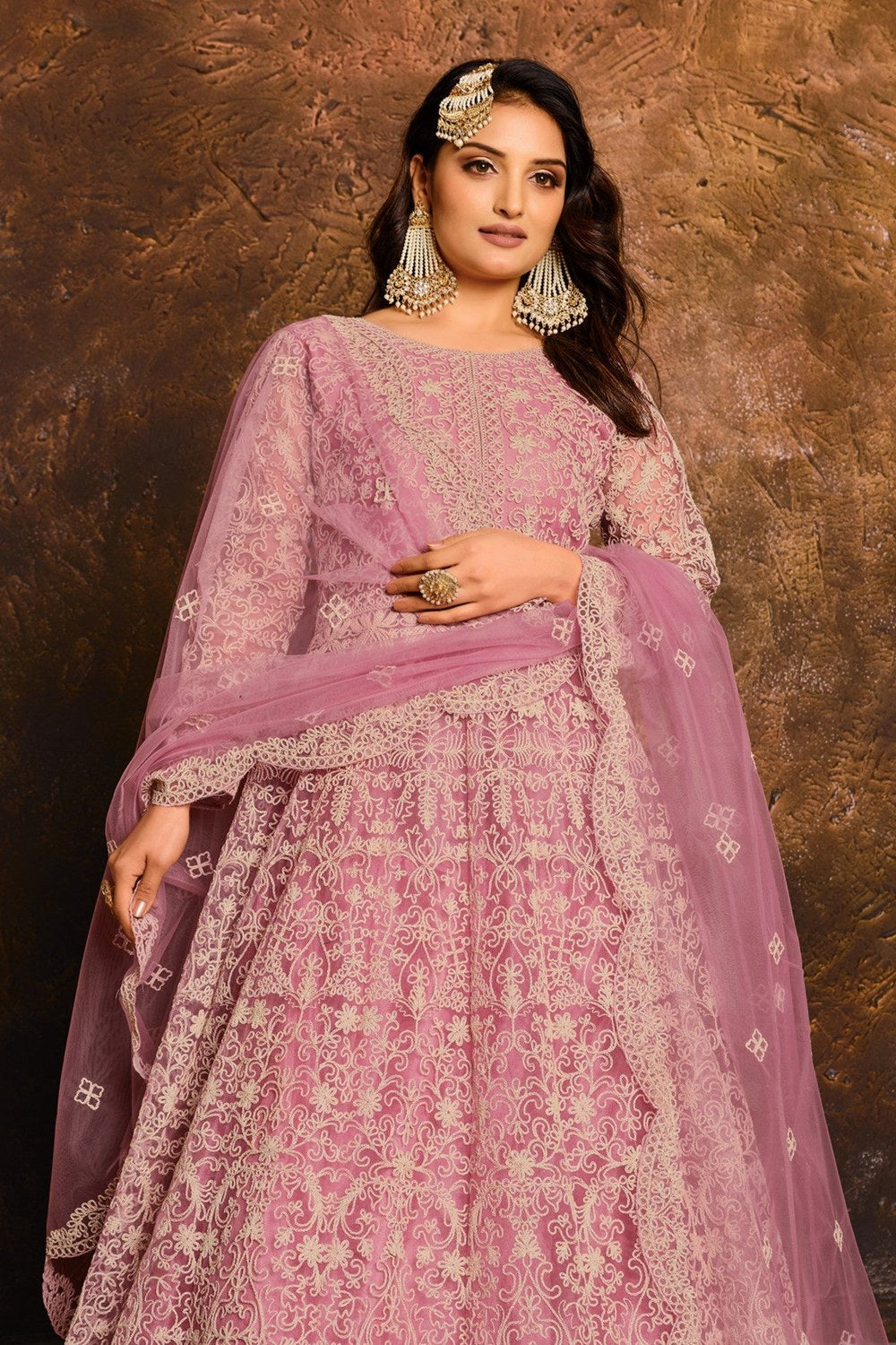 Pink Net Anarkali with Embroidery Work for Sangeet Outfits for Women - close-up view