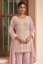 Baby Pink Georgette Short Kurta Set with Dupatta in Sequin Embroidery - close-up view