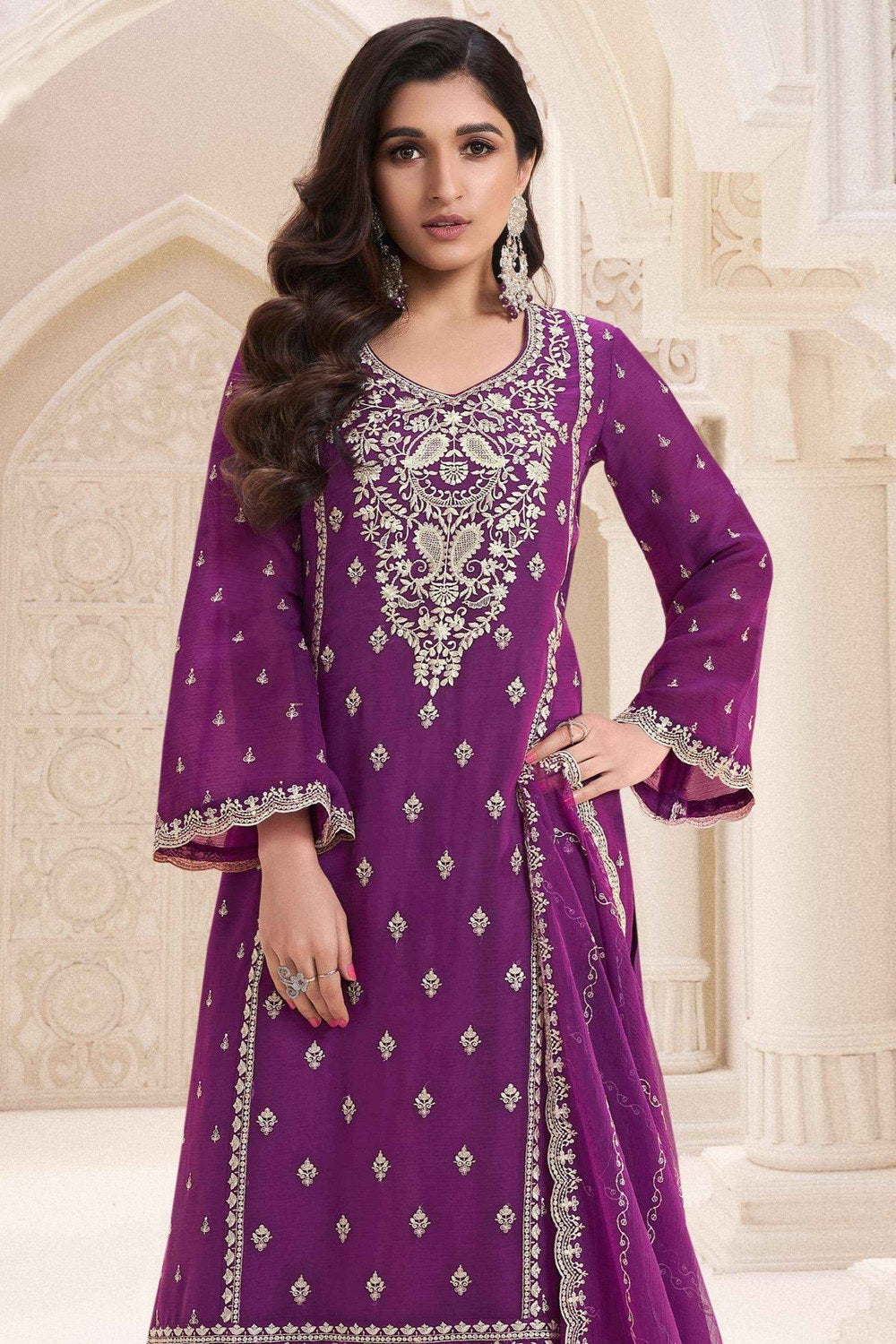 Purple Chiffon Silk Long Kameez Pant Suit For Indian Festivals & Weddings - Embroidery Work - close-up view