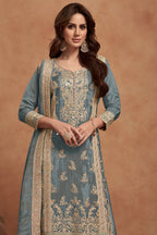 Grey Simar Silk Plazo Suit For Indian Festivals & Weddings - Embroidery Work - close-up view