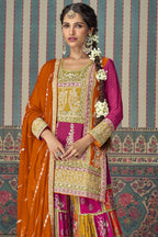 Pink Chinon Silk Plazo Suit Kameez Suit for Pakistani & Indian Festival  - Embroidery Work, Mirror Work - close-up view