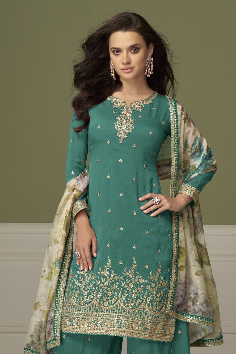 Teal Simmer Silk Indian Palazzo Suits with Sequins & Thread Work - close-up view