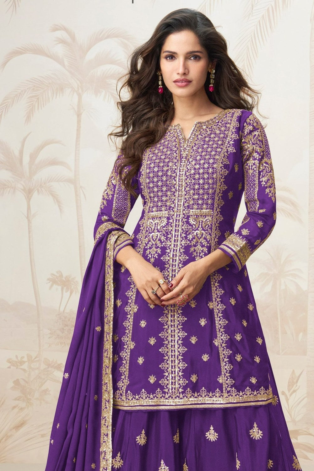 Purple Chinon Silk Indian Wedding Outfits Palazzo Suit - Sequence Embroidery Work, Embroidery Work - close-up view
