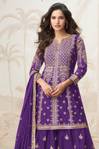 Purple Chinon Silk Indian Wedding Outfits Palazzo Suit - Sequence Embroidery Work, Embroidery Work - close-up view