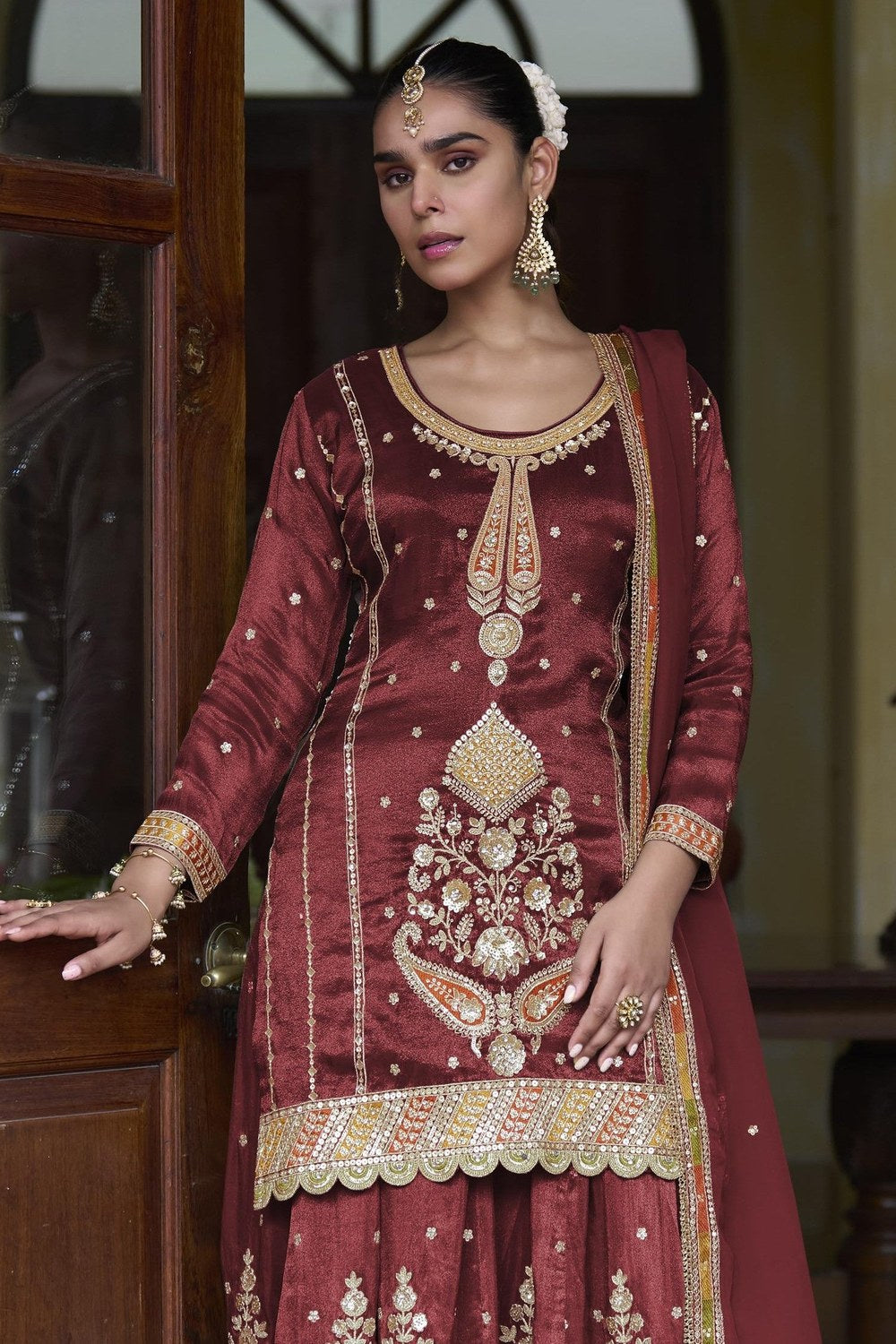 Maroon Simmer Silk Kameez with Skirt Suit For Indian & Pakistani Wedding Festival - Thread & Sequins Embroidery Work - close-up view