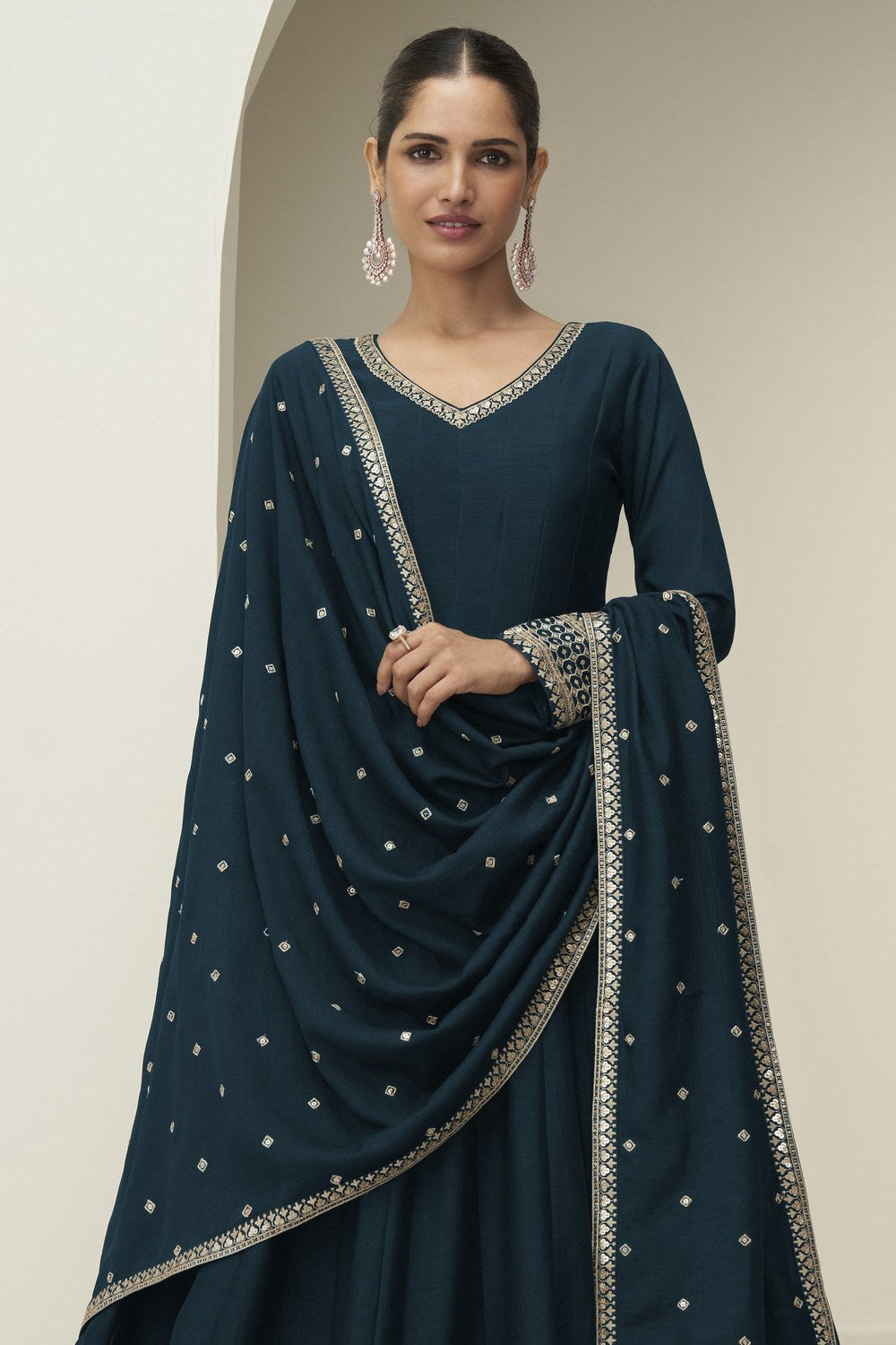 Teal Blue Premium Silk Anarkali Dress for Wedding with Embroidery Work - close-up view