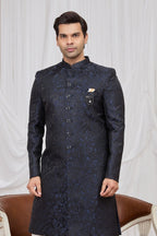 Navy Blue Jacquard Men's Kurta and Pajama - Weaving Work Sherwani - close-up view
