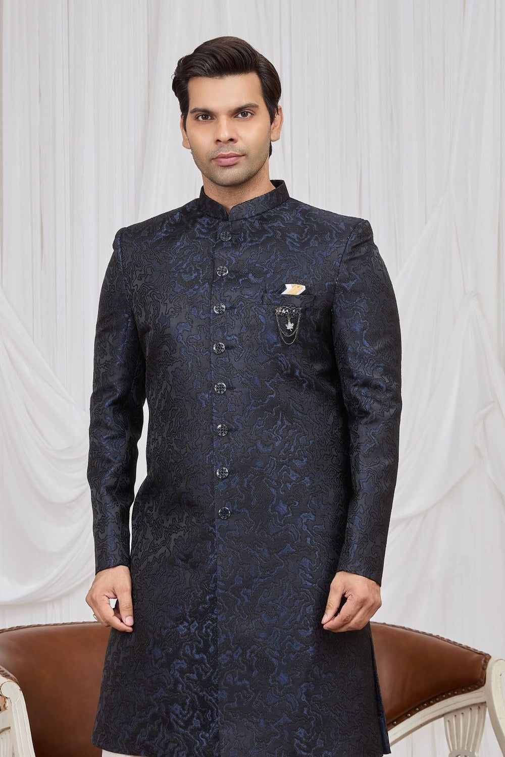 Navy Blue Jacquard Men's Kurta and Pajama - Weaving Work Sherwani - close-up view