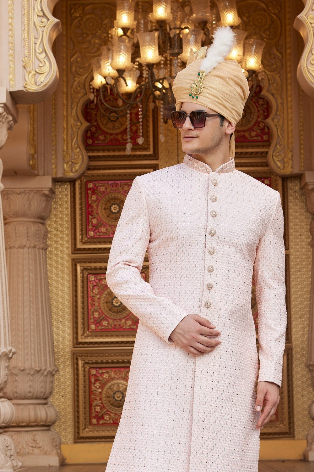 Light Pink Art Silk Traditional Sherwani Long Kurta & Pant for Men for Wedding - Embroidery Work - close-up view