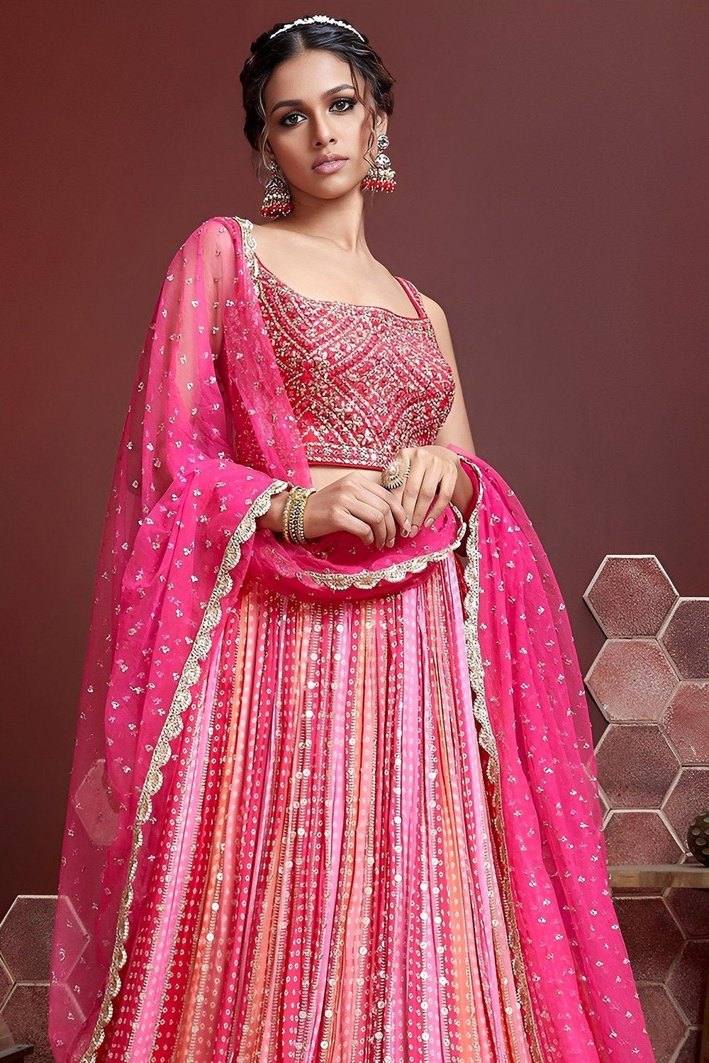 Pink Banglori Silk Party Wear Lehenga Choli For Indian & Pakistani Wedding Festival - Embroidery Work, Print Work, Real Mirror Work - close-up view
