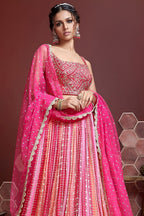 Pink Banglori Silk Party Wear Lehenga Choli For Indian & Pakistani Wedding Festival - Embroidery Work, Print Work, Real Mirror Work - close-up view