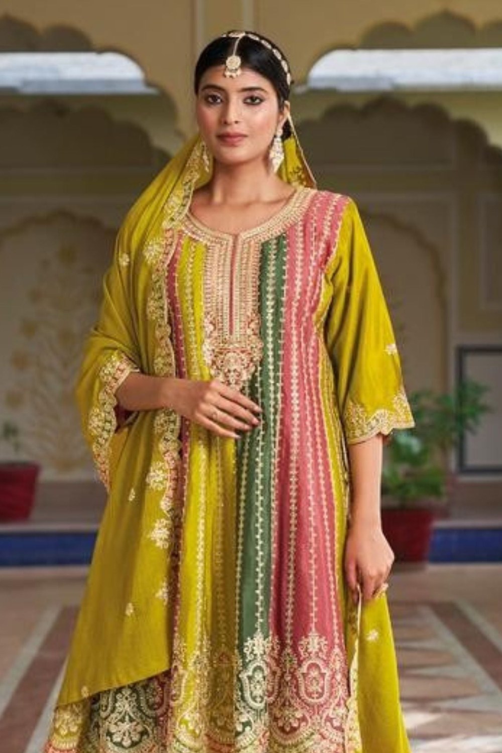 Multicolor Chinon Silk Plazo For Indian Festivals & Weddings - Embroidery Work - close-up view